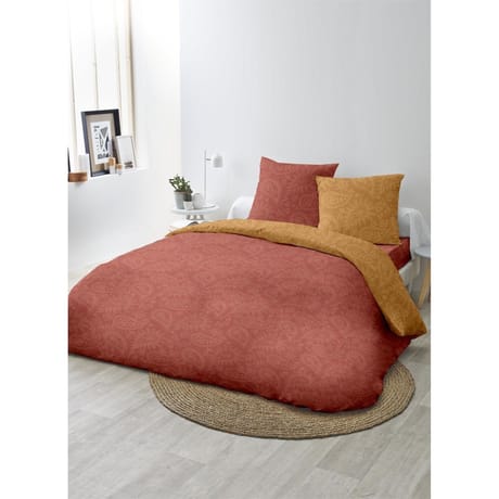 Parure housse de couette microfibre frappée 200x200cm+2 taies 63x63cm palmette terracota