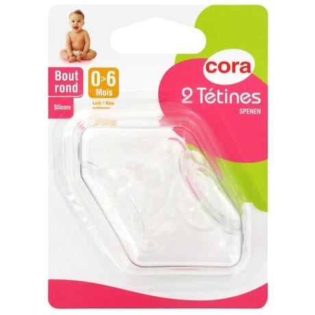 2 tétines bout rond 0-6 mois silicone lait/eau Cora
