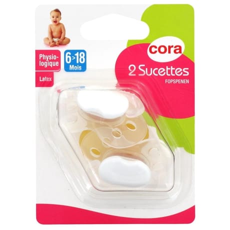 2 sucettes physiologiques 6-18 mois latex Cora