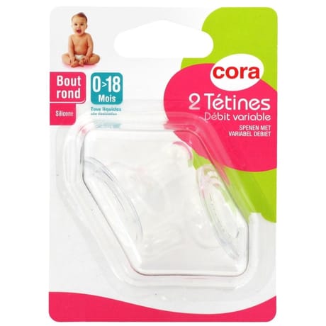 2 tétines bout rond 0-18 mois silicone débit variable Cora