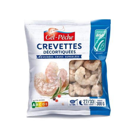 Gel Pêche crevettes décortiqués crues asc 27/33 pièces 300g