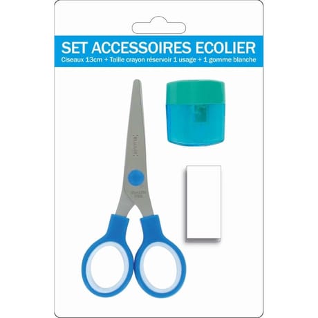 Kit accessoire ciseaux 13cm + mini gomme + taille crayon 1 usage