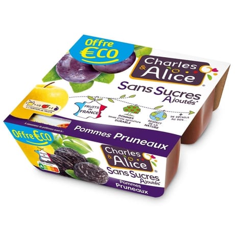 Charles & Alice sans sucre ajouté pomme pruneau 4x100g offre eco