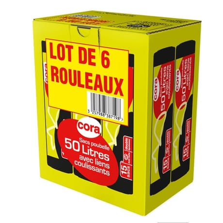 Cora lot 6 x 15 sacs poubelle lien coulissant 50l