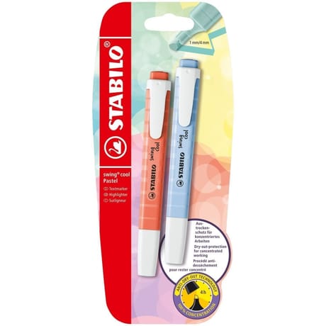 2 surligneurs stabilo swing cool pastel bleu/corail
