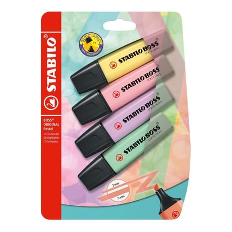 Blister carton 4 stabilo boss original pastel jaune+rose+lilas+menthe