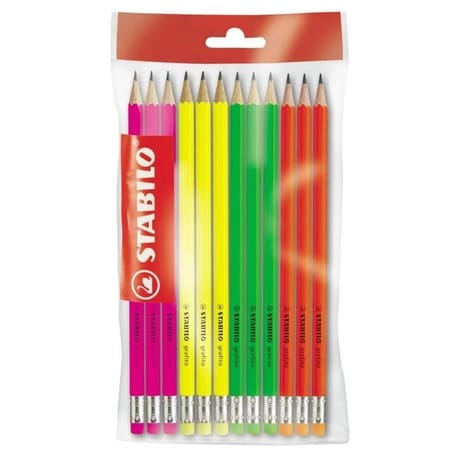Stabilo 12 crayons graphit hb corps fluo bout gomme