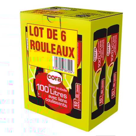 Cora lot 6 x10 sacs poubelle liens coulissant 100l