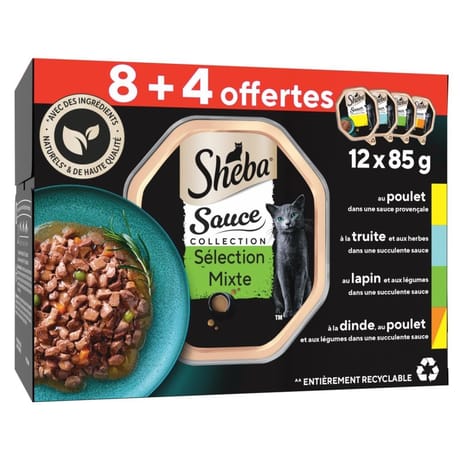 Sheba barquettes sauce collection sélection mixte pour chat adultes 8+4 1200g