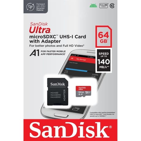 Carte mémoire sandisk ultra microsdxc + adaptateur sd 64gb 140mb/s uhs-i SDSQUAB-064G-GN6MA