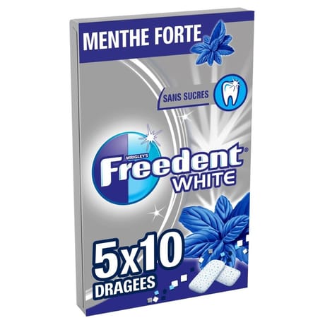Freedent white chewing-gum sans sucres menthe forte 5x10-70g