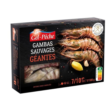 Gel Pêche gambas sauvages géantes crues congelées 7/10 pièces 500g