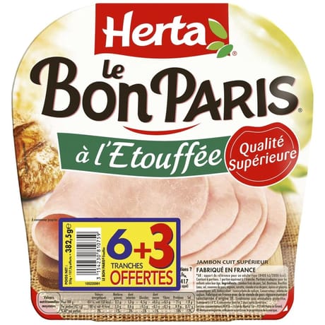 Herta le bon paris jambon à l'étouffée qualité supérieure 6 tranches + 3 offertes 382.5g