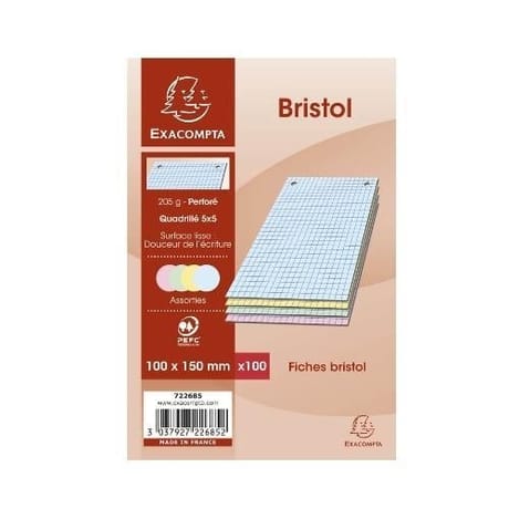 Exacompta 100 fiches bristol couleurs assorties perforées 10x15 cm 5x5