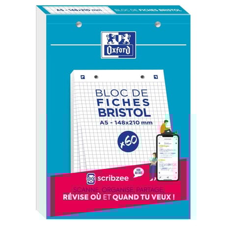 Oxford bloc bristol 148x210 60 fiches perforées q5 blanc