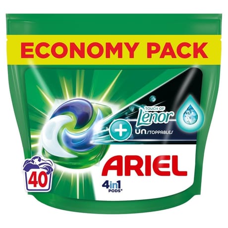 Ariel pods+ lessive liquide capsules 40 lavages +touch of lenor unstoppables