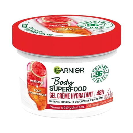 Garnier body superfood gel crème hydratant 48 h pastèque acide hyaluronique pot 380 ml