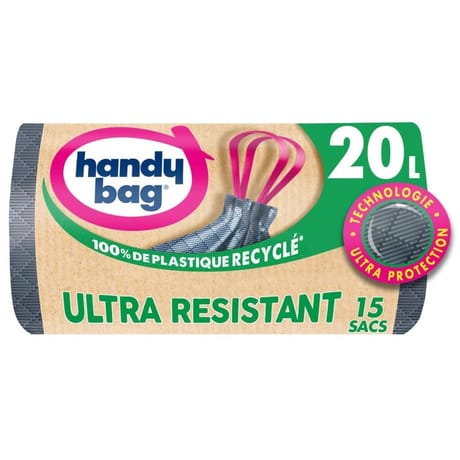 Handy bag sac poubelle 100% recyclé à poignées coulissantes ultra résistant 20l x15