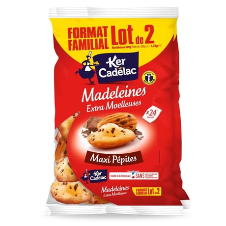 Ker cadelac madeleines extra moelleuses maxi pépites de chocolat lot 2x600g format familial