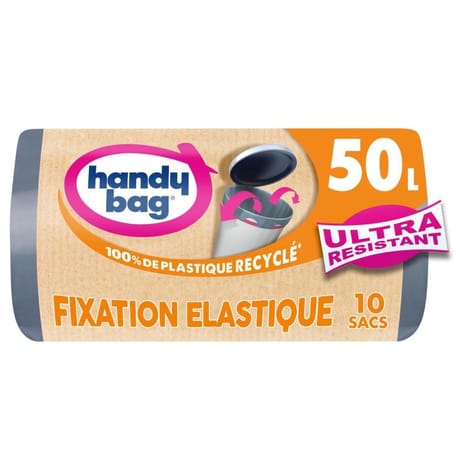 Handy bag 100% recyclé sacs poubelle fixation élastique 50l x 10