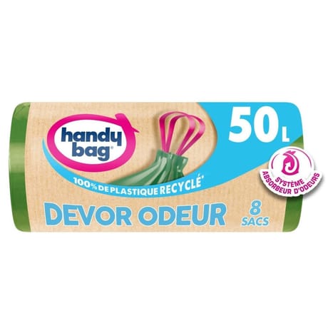 Handy bag 100% plastique recyclé sacs poubelle à poignées coulissantes devor odeur 50l x8