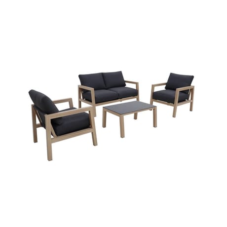 Ens. 4 pcs alu - 1 canape + 2 fauteuils + 1 table basse plateau verre