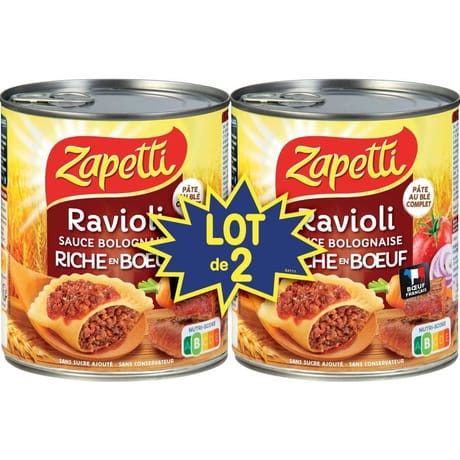 Zapetti ravioli sauce bolognaise riche en boeuf blé complet lot 2 x800g
