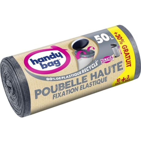 Handy bag sacs poubelle haute fixation élastique 50l 10 sacs+3 sacs +30% gratuit