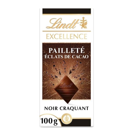 Lindt excellence chocolat pailleté éclat de cacao noir croquant 100g