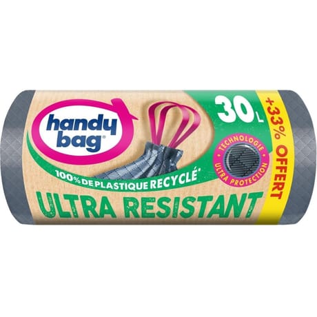 Handy bag recycle sacs poubelles a poignees coulissantes ultra résistant 30l x 15 + 33% gratuit
