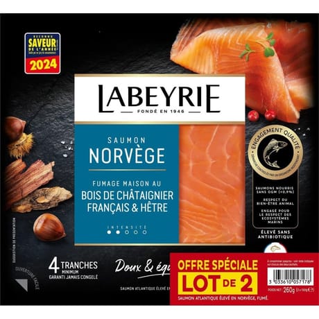 Labeyrie saumon Atlantique de Norvège fumé lot de 2 x 4 tranches - 2 x 130g - 260g - offre spéciale