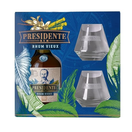 Coffret 70cl rhum vieux presidente marti anejo + 2 verres 40%vol