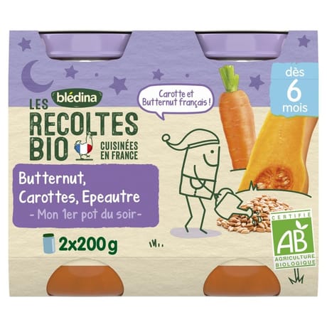 Bledina les récoltes bio pots butternut carottes épeautre 2x200g dès 6 mois
