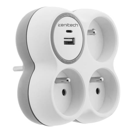 Zenitech triplite 16A + chargeur usb +A+C blanc/gris