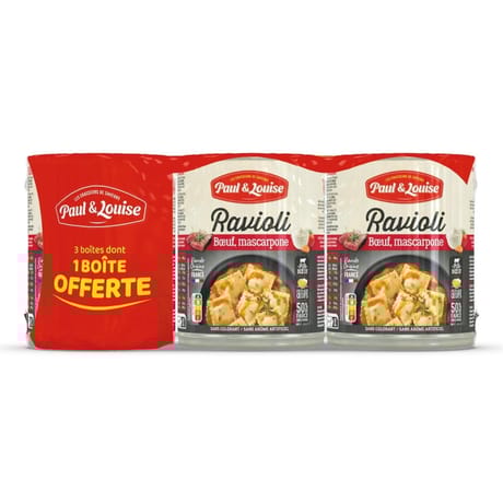Paul & louise ravioli boeuf mascarpone 800g lot de 3 boites dont 1 offerte