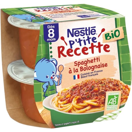 Nestlé p'tite recette spaghetti à la bolognaise bio 2x190g dès 8 mois