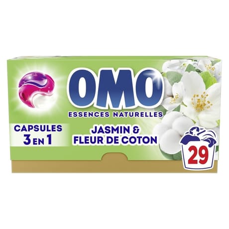 Omo capsules 3en1 prendre l'air jasmin & fleur de coton 29 lavages 0.502kg