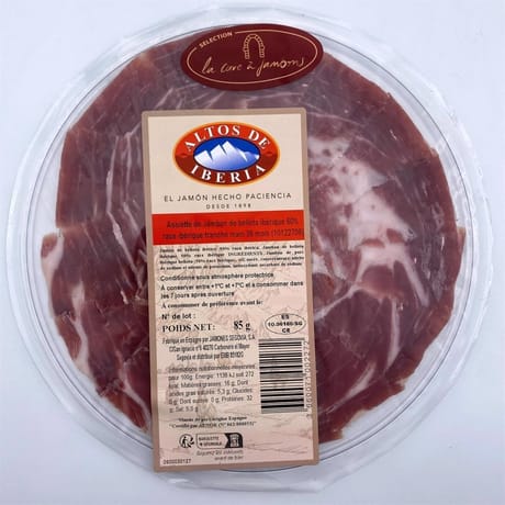 Assiette de jambon de bellota ibérique 50% ibérique tranché main 85g