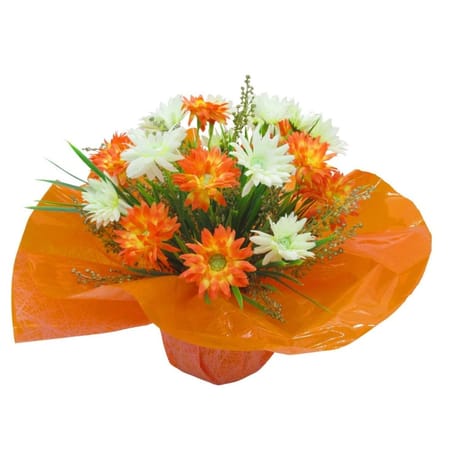 Bouquet bulle artificiel  gerbera et gysophile - blanc orange