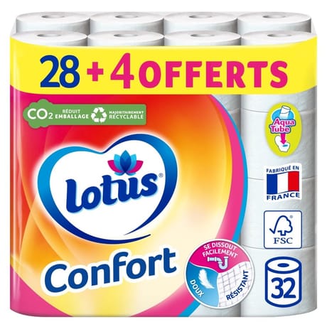 Lotus confort blanc papier hygiénique 32 rouleaux (28+4gr)