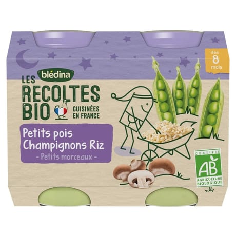 Bledina les récoltes bio petits pois champignons riz dès 8 mois 2x200g
