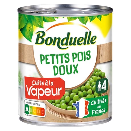 Bonduelle petits pois doux cuits a la vapeur 4/4 530g