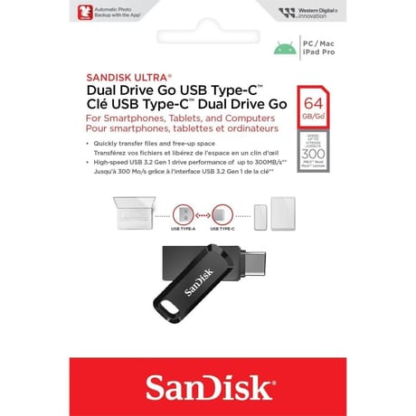 Clé usb 3.1/type-c sandisk ultra dual drive go 64gb 150mb/s SDDDC3-064G-G46