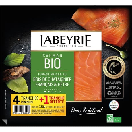 Labeyrie saumon atlantique bio fumé 4 tranches + 1 tranche offerte 130g
