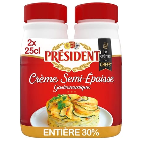 Président crème entière 30%mg semi épaisse bouteille 2x25cl