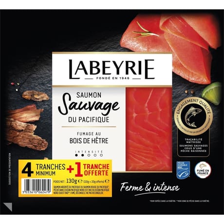 Labeyrie saumon sauvage pacifique fumé au bois de hêtre 4 tranches + 1 offerte 130g