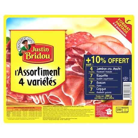 Justin Bridou assortiment 4 variétés + 10% offert 286g