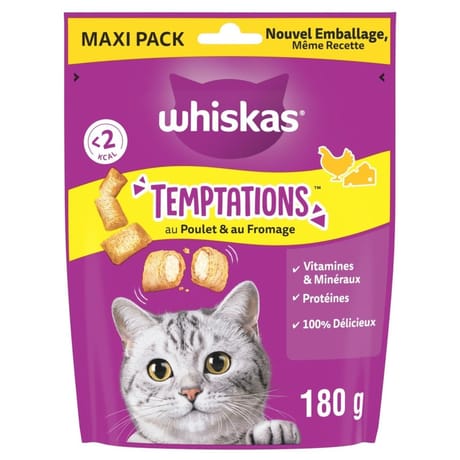 Whiskas temptations friandises au poulet et fromage pour chats 180g