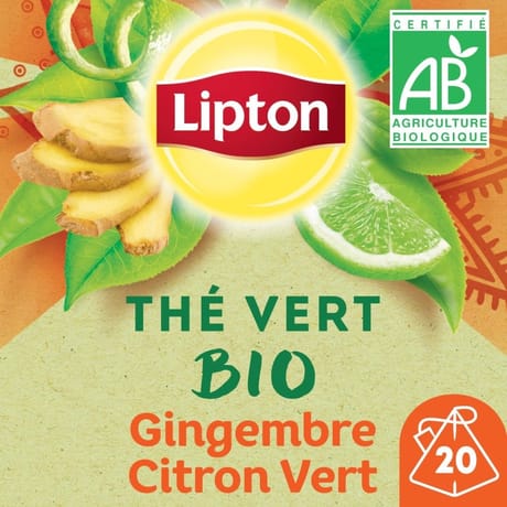 Lipton thé vert bio gingembre citron vert bio x20 sachets -28g