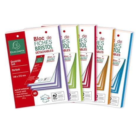 Bloc 40 fiches bristol perforées 148x210 5x5 couleurs assorties